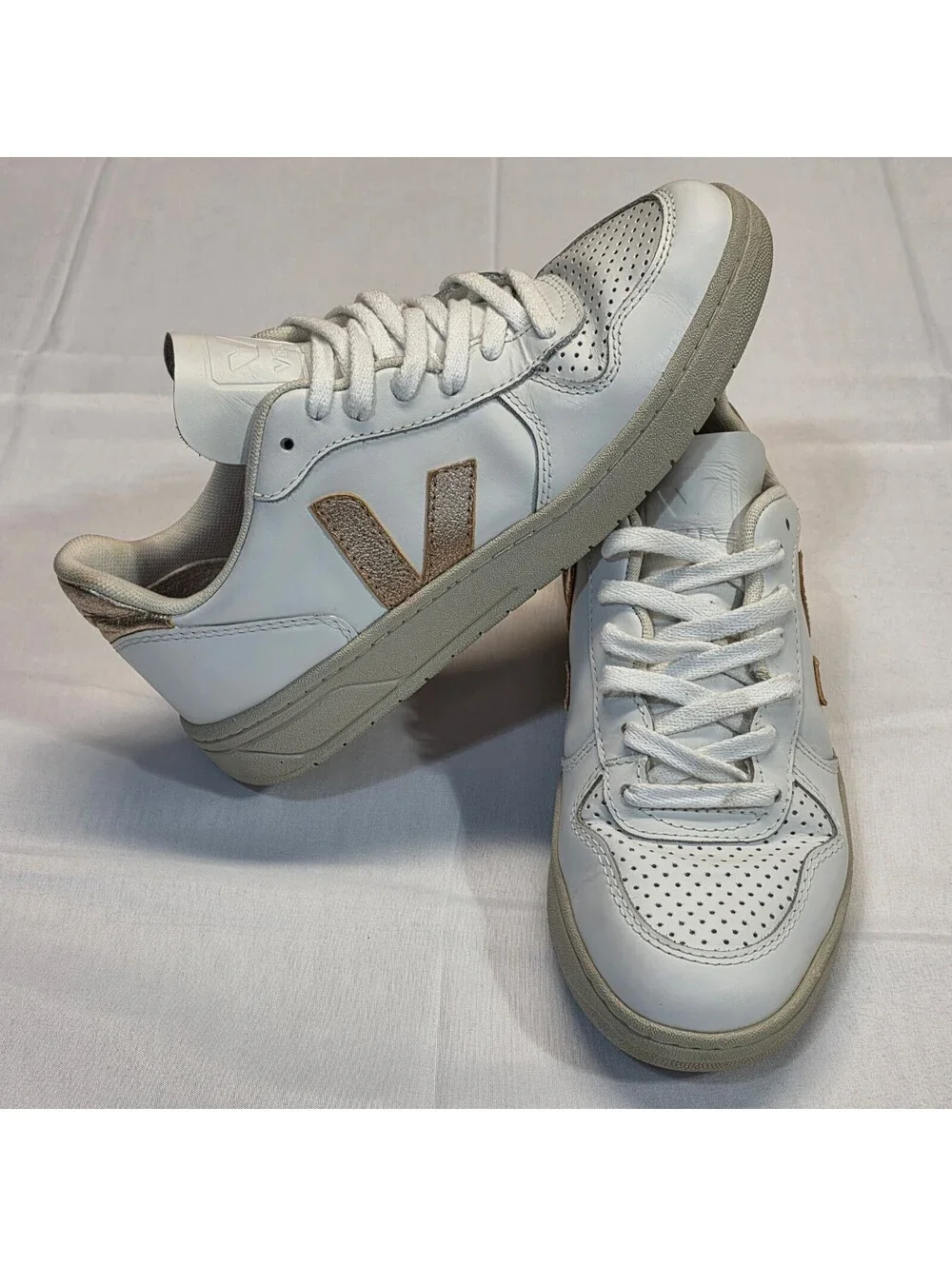 Veja V-10 White Leather Sneakers with Gold Accents, Size 38